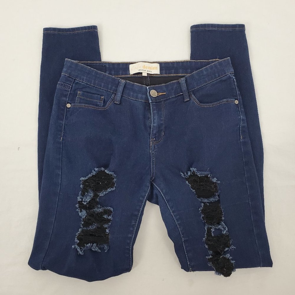 Cafe Denim Destroyed Skinny Jeans Dark Wash Jr 7/8